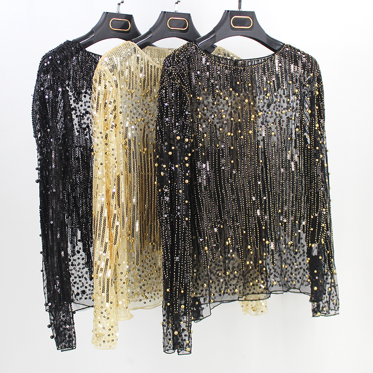 

Women's Blouses & Shirts High Street Runway Women Tunic Sexy Long Sleeve Perspective Gauze Mesh Lace Shirt Sequined Bead Diamond Embellished, Black plus gold