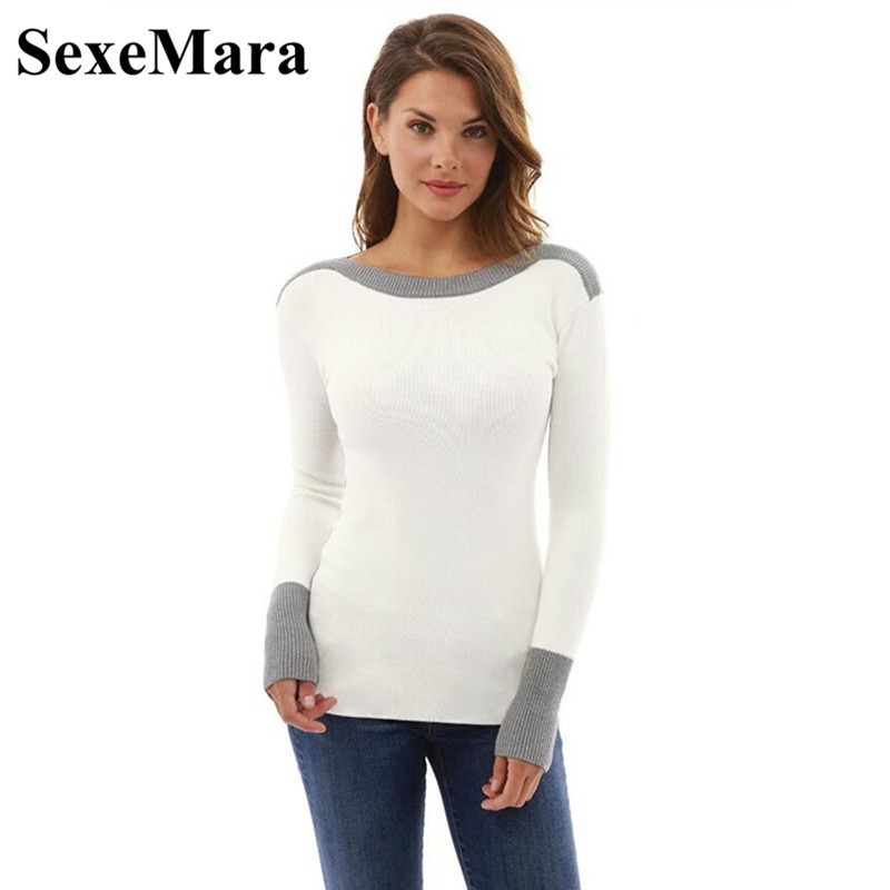 SexeMara Patchwork Knitted Sweater Women Pullover 2018 Autumn Winter Tops Casual Slim Long Sleeve Shirt Knit Jumper D34-AZ-4 S18100803