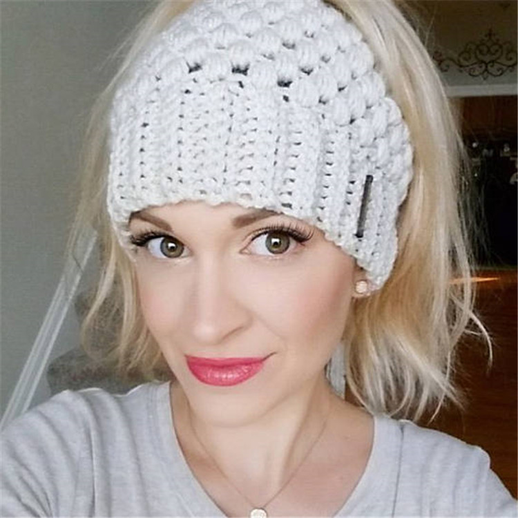Womens Girls Ponytail Cap Winter Warm Beanie Knitted Hat Fashion Messy High Bun Ponytail Beanie Hat Acrylic Elastic Band