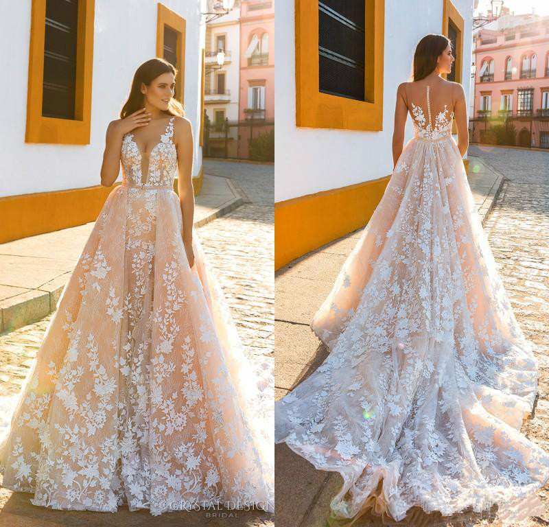 

Charming Sleeveless Straps Deep Plunging Full Embellishment Bridal Gowns A Line Crystal Design Wedding Dresses Sheer Back Court Train, Silver