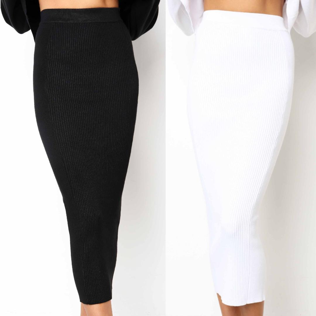 LOSSKY Knitted 2018 Autumn Bodycon Long Skirt Sexy Black White High Waist Tight Women Maxi Elegant Party Club Wear Pencil Skirts-image-422691132