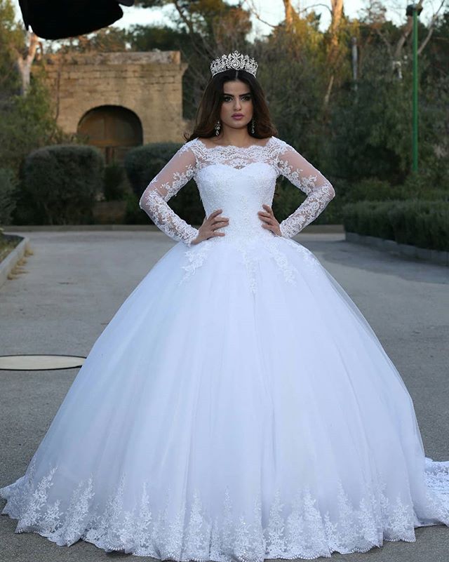 

White Ball Gown Lace Wedding Dresses Sleeves Princess Bride Dresses Newly Appliques vestidos de noiva princesa, Red