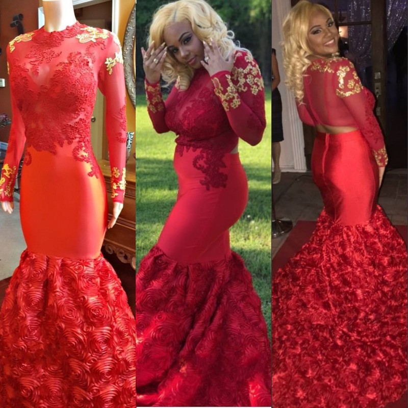 

Mermaid High Neck Prom Dresses With Golden Applique Long Sleeves Lace Applique Sexy Party Dress Glamorous 3D Floral Train 2K18 Prom Dresses, Daffodil