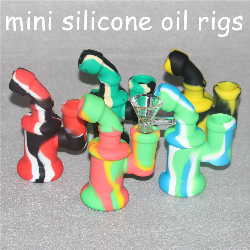 

Mini Silicone Bubbler Rig silicone smoking pipe Hand Spoon Pipe Hookah Bongs silicon oil dab rigs with glass bowl silicone hand pipes
