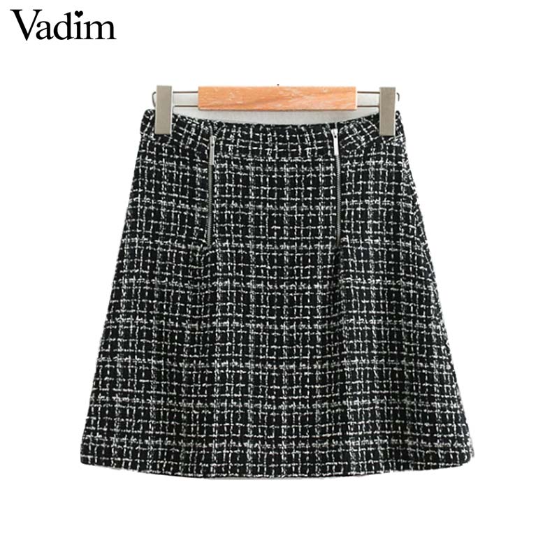 

Vadim women chic tweed plaid mini skirt zipper vintage faldas mujer female European style casual A line skirts BA279, As picture