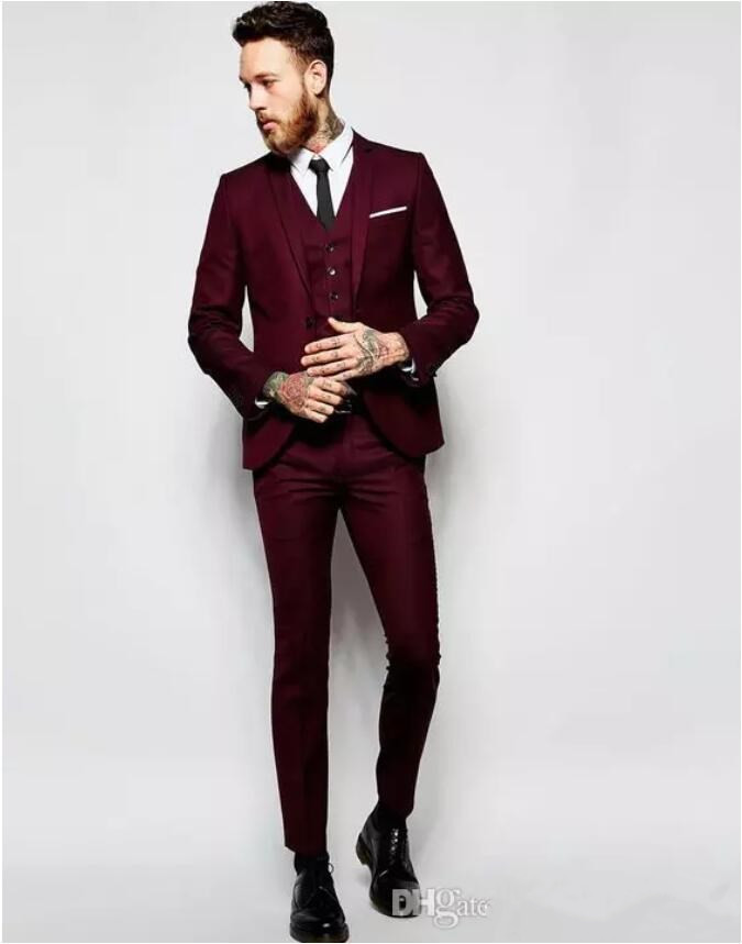 Handsome Burgundy Wedding Tuxedos Slim Fit Suits For Men Groomsmen Suit Three Pieces Cheap Customized Prom Formal Suits (Jacket +Pants+Vest)