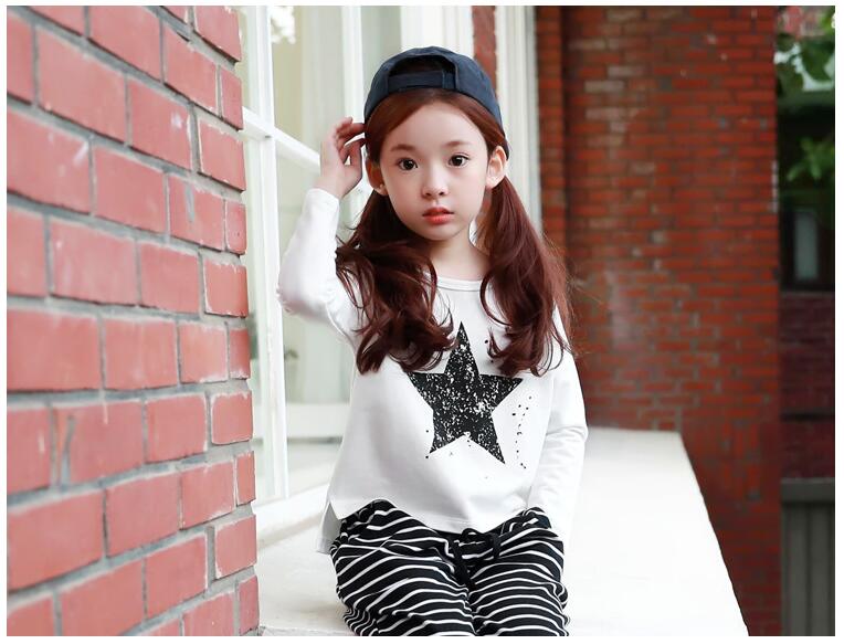 

Girl Long Sleeve White T-shirt Baby Star Print Autumn Tops Kids Spring and Autumn Clothing Clothes DM 018, As picture