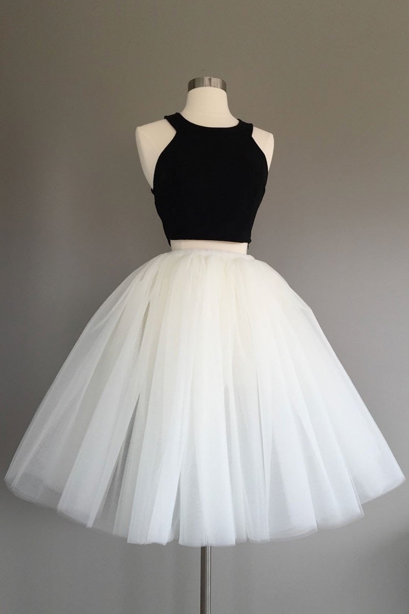 

Simple Black And White Ball Gowns For Girls Juniors Party Prom Dress Halter Tulle Satin Two Pieces Knee length Cheap Homecoming Formal Dress, Champagne