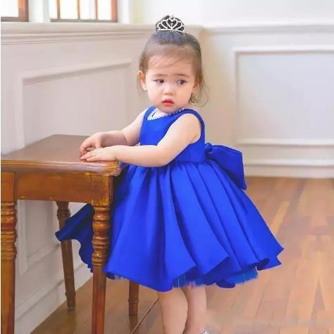 Short Royal Blue Kids Toddler Party Birthday Dresses 2019 Cute Jewel Bow Back Knee Length Girls Pageant Dress