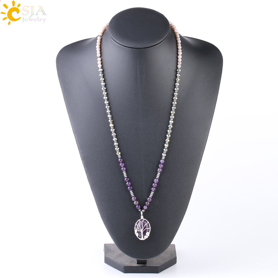 

CSJA Natural Amethyst Gemstone Bead Long Necklace Feb Birthstone Crystal Jewelry for Women Energy Reiki Chakra Life Tree Stone Pendant S230, Silver