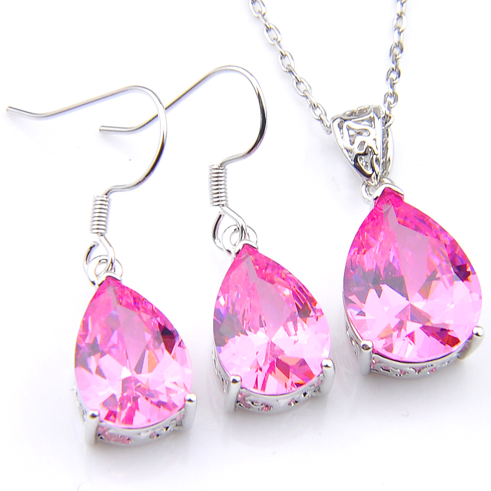 

LuckyShine 5 Sets Crystal Zircon Water Drop Kunzite Earrings and Pendant Chain Necklace 925 Silver Women Fashion Wedding Sets FREE SHIPPING!, Pink