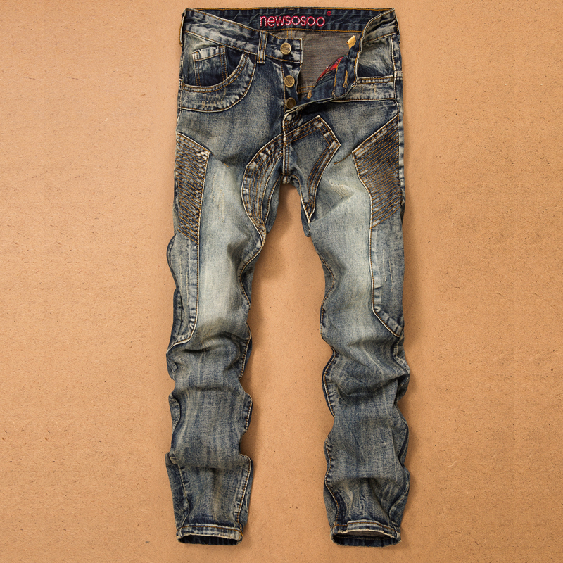 

2018 New Vintage Blue Patchwork Denim Jeans For Men Biker Skinny Retro Jeans Punk Style Denim Pants Men's Clothing High Quality, Sky blue