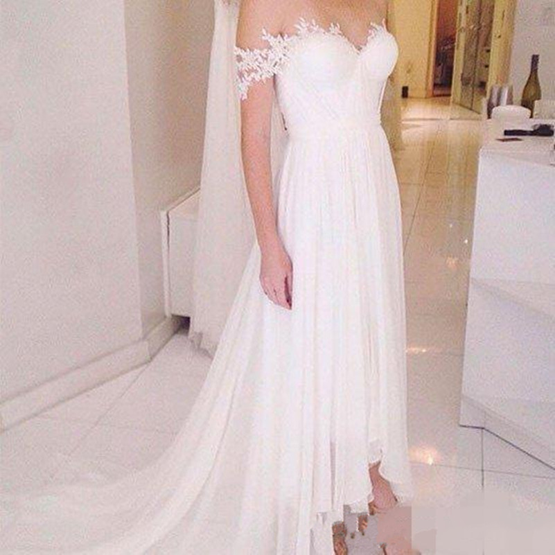 

High Low Lace Boho Wedding Dresses Off Shoulder Summer A Line Cheap Bridal Gowns Beach Wedding Dress Plus Size, Champagne