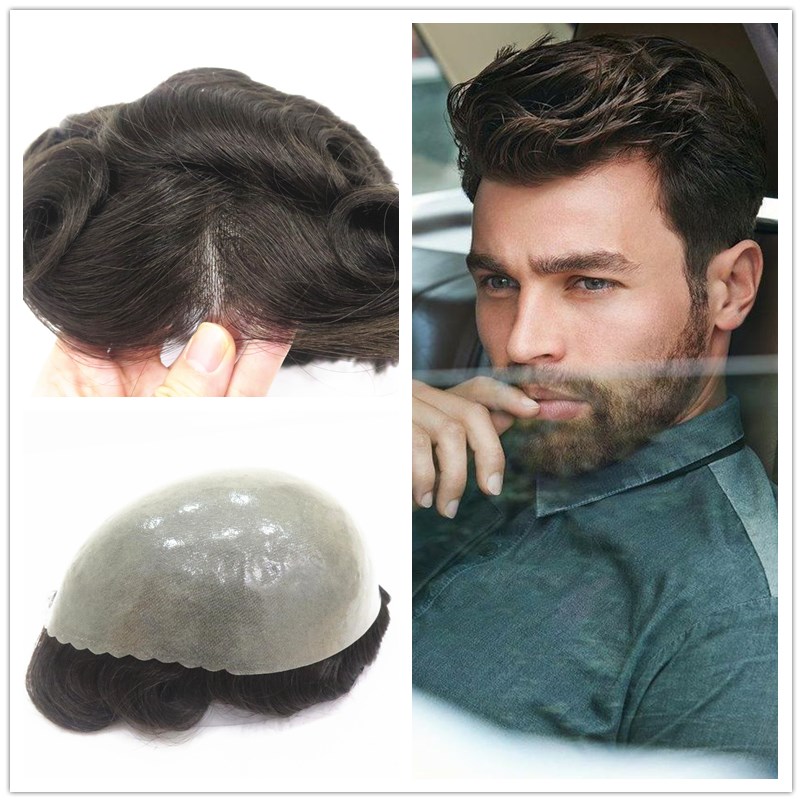 

Human Hair Mens Toupee 10*8 inch Wave Thin Skin Full Pu Toupee For Men Hairpieces Replacement System Men Wigs, As pic
