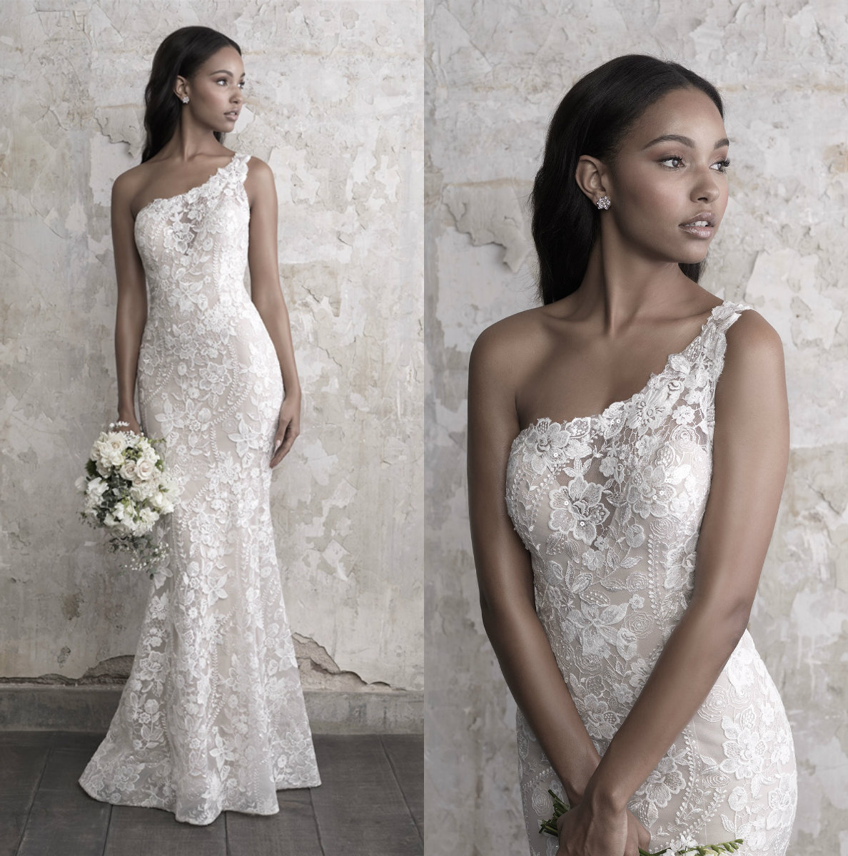 

Madison James 2019 Mermaid Wedding Dresses Sexy One Shoulder Lace vestido de novia Backless Sweep Train Plus Size Wedding Dress, Gold