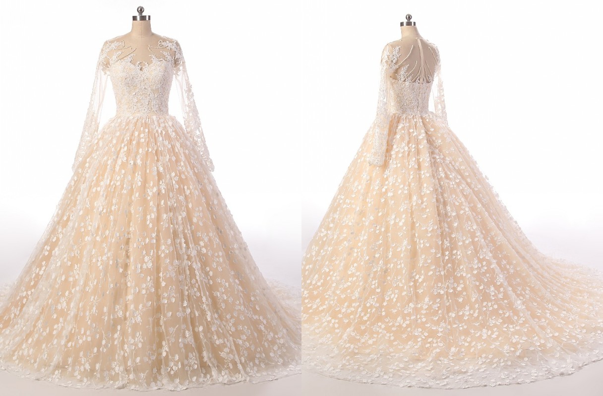 

Stunning Champagne Wedding Dress Cheap 2018 Plus size With Long Sleeves Beaded Hollow Back Sheer Neck Lace Wedding Gowns New, Pink