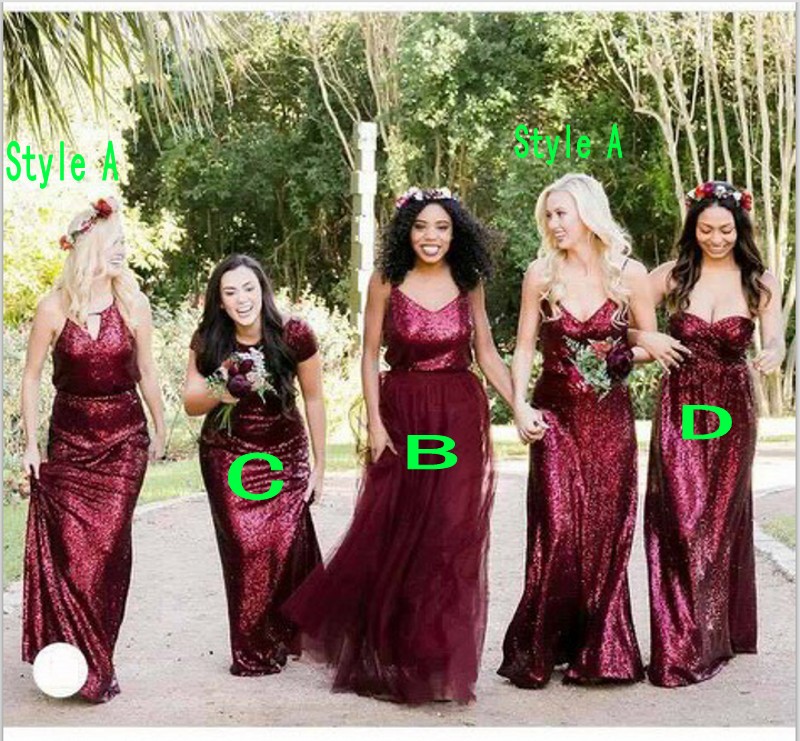 

Fall 2018 Country Burgundy Bridesmaid Dresses Mix and Match Styles A Line Long Bordeaux Sequined and Tulle robes de demoiselle d'honneur