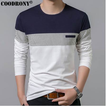 

COODRONY T-Shirt Men Spring Summer New Long Sleeve O-Neck T Shirt Men Clothing Fashion Patchwork Cotton Tee Tops 7622
