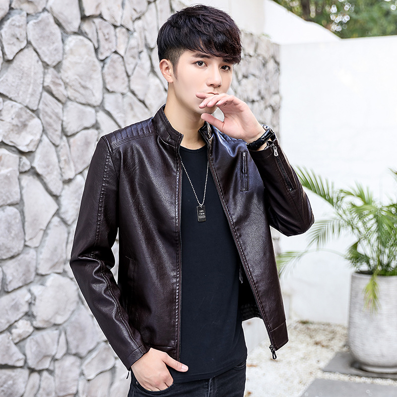 

New winter young man fur leather jacket collar recreational leather coat, Black