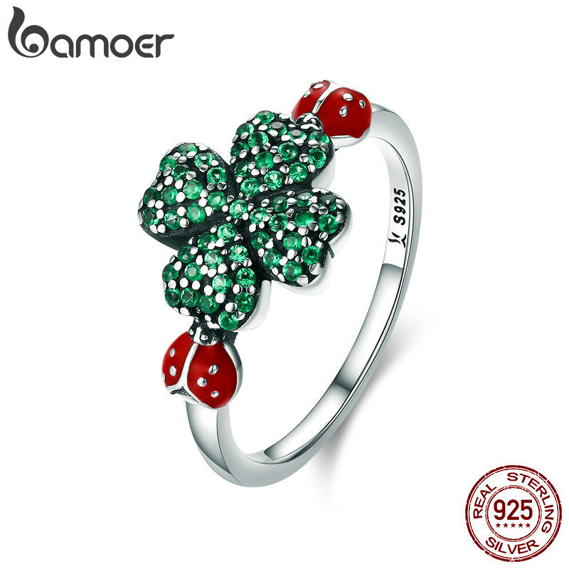 

BAMOER 100% Authentic 925 Sterling Silver ladybug & Clover Flower Green CZ Crystal Ring for Women Sterling Silver Jewelry SCR309 D18111306