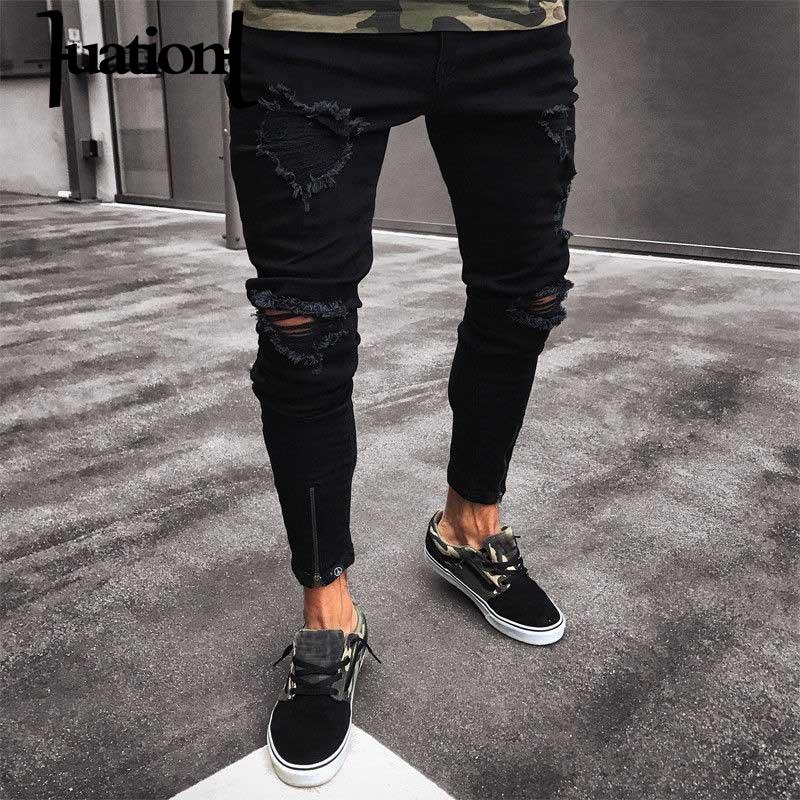 

Distressed Hot Black Skinny Jeans Men Ripped Streetwear Hip Hop Knee Hole Zipper Slim Men Pants Fashion homme