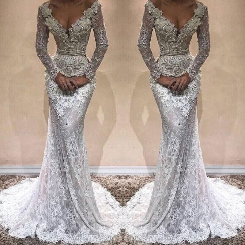 

Gorgeous Pearls Applique Wedding Dress Sexy V-Neck Long Sleeves Beads Lace Mermaid Wedding Dress Stylish Plus Size Dubai Vestido De Novia, Gold