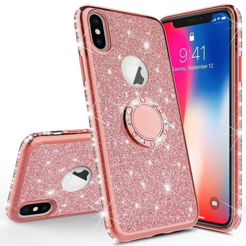 

Luxury Bling Glitter Diamond Electroplating Soft TPU Ring Stand Phone Case For Iphone 12 Pro Max 11 Xs Max XR X 6 7 8 Plus, Black