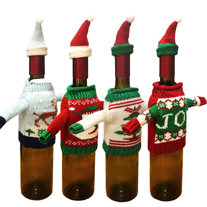 

10 set / lot red wine bottle cover bags santas claus bear handmade sweater Ornament new year Christmas Dinner Table Home party