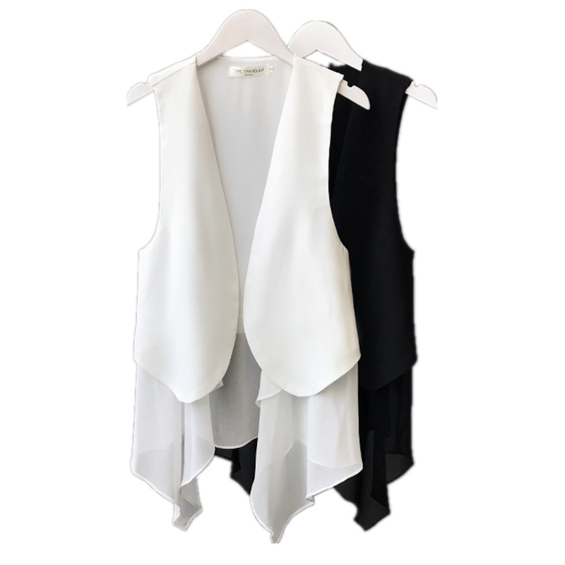 

2018 Spring Summer Thin Irregular Chiffon Vest Women Fake Two Vests For Women Fashion Simple Black White Women' Vest Cardigan