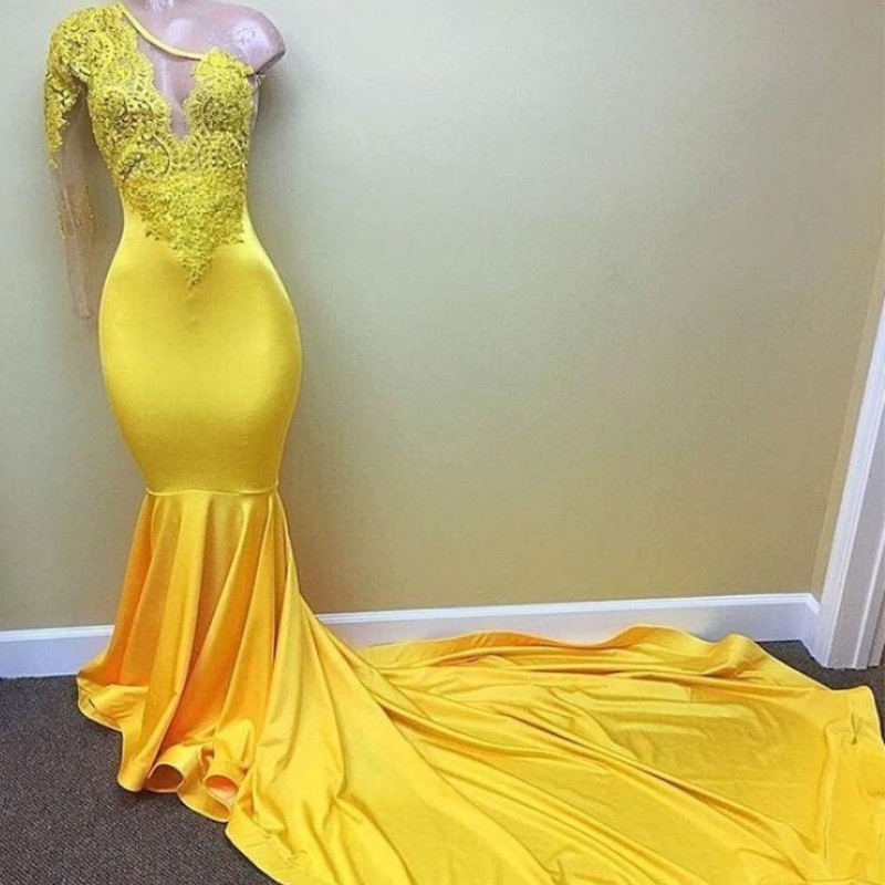 Yellow One Shoulder Prom Dresses 2018 Long Sleeves Mermaid African Black Girls Party Gowns Sexy Lace Applique Vestido De Festa Prom Dress