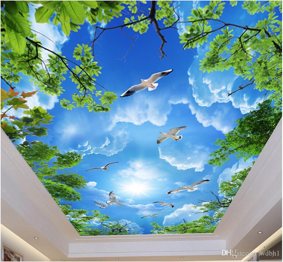

3d ceiling murals wallpaper custom photo non-woven wall murals Atmospheric beautiful blue sky white clouds green leaves ceiling zenith mural, Sky blue