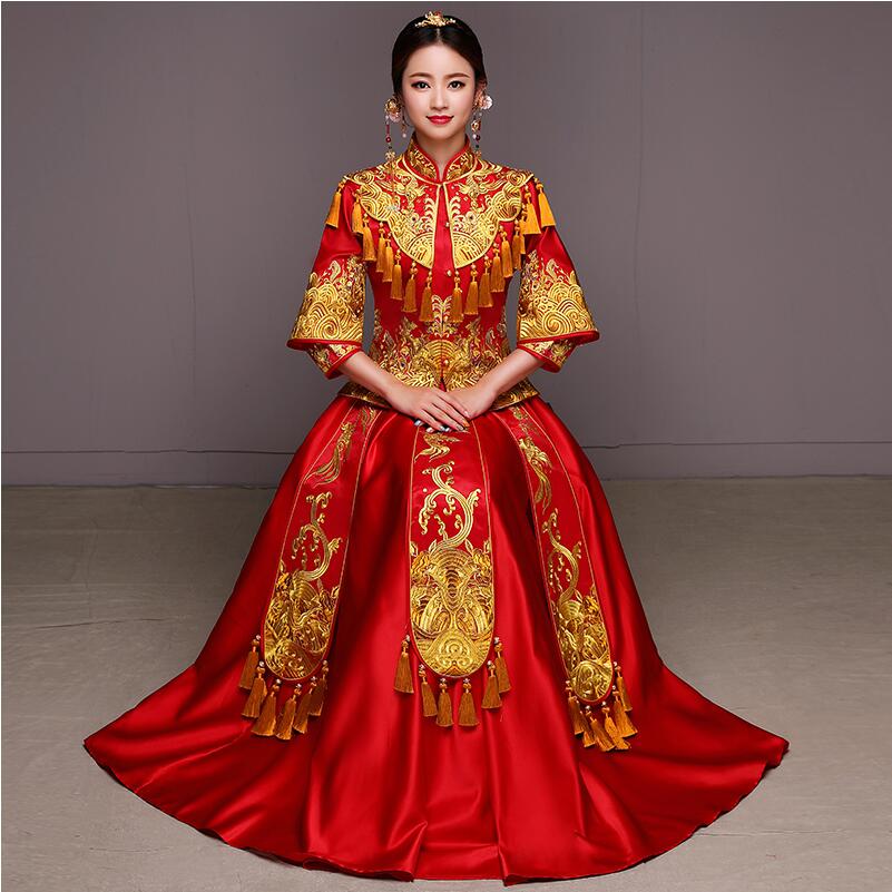 

Red Bride Wedding Dress Traditional Ancient Qipao Female Chinese Ancient style embroidered Costume vintage Cheongsams ethnic clothing