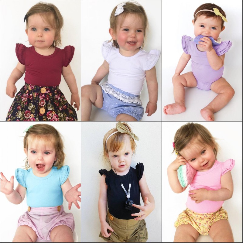 

Pure Color Baby Fly Sleeve Romper Fashion Short Sleeve Ruffler Sleeve Cotton Rompers Jumpsuits Boutique Kids Summer Climbing Clothes, Multi-color