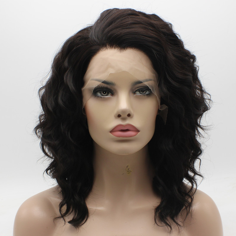 

Iwona Hair Natural Wavy Medium Long Brown Wig 17#4 Half Hand Tied Heat Resistant Synthetic Lace Front Wig, Dark brown
