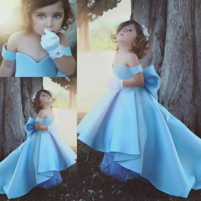 

2018 New Style Cute Girls Pageant Dresses with Bow Off The Shoulder A Line High Low Blue Satin Kids Prom Dresses Graduation Gowns