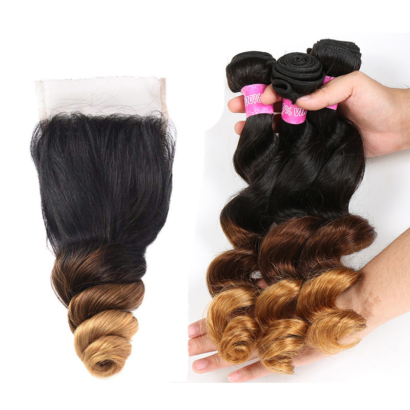 

Pre-colored Raw Peruvian Virgin Hair 3/4 Bundles with Closure 1B/4/30# Ombre Brown Blonde Loose Wave Human Hair Weaves with Closure, Ombre color