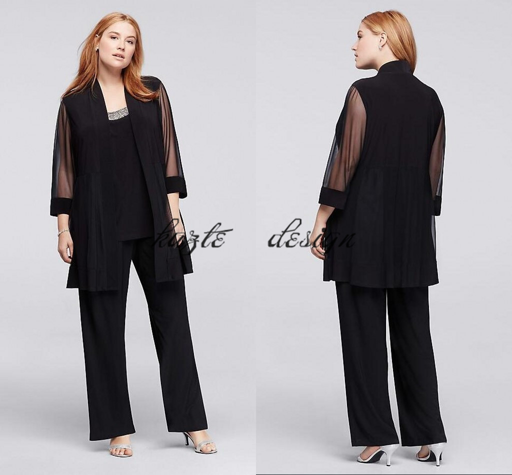 

3-Piece Plus Size Pantsuit with Beaded Neckline Black Chiffon Custom Make Mother of the Bride Groom Pant Suit