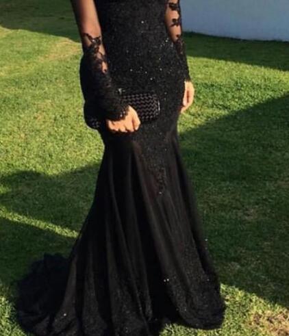 

Evening Dresses Sexy Arabic Jewel Neck Illusion Lace Appliques Crystal Beaded Black Mermaid Long Sleeves Formal Party Dress, Same with picture