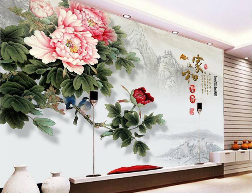 

3d wallpaper custom photo mural Chinese painting peony flower TV background wall room Home decoration 3d wall murals wallpaper for walls 3 d, Green