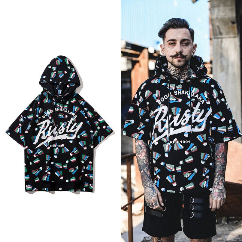 

Men Multicolor Graffiti Hoodies Short Sleeve Men Hoodie Sweatshirt Letter Print Pullover Tees Shirt Streetwear Size M-XXL, Black
