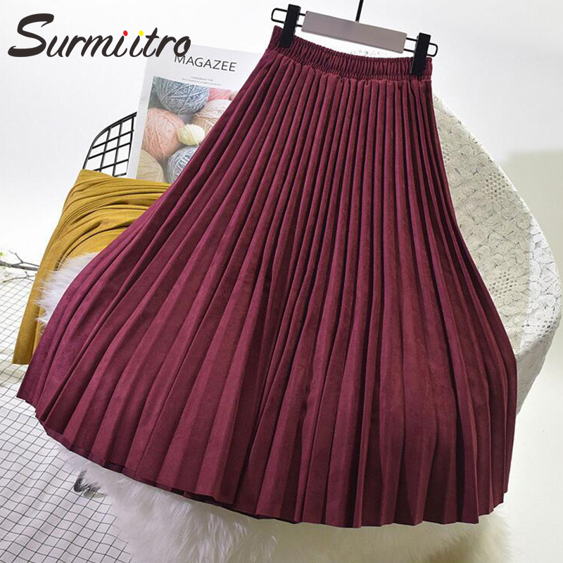 Surmiitro Suede Velvet Pleated Skirt Womens 2018 Autumn Winter Korean High Waist Long Skirt Female Black Red Blue Green