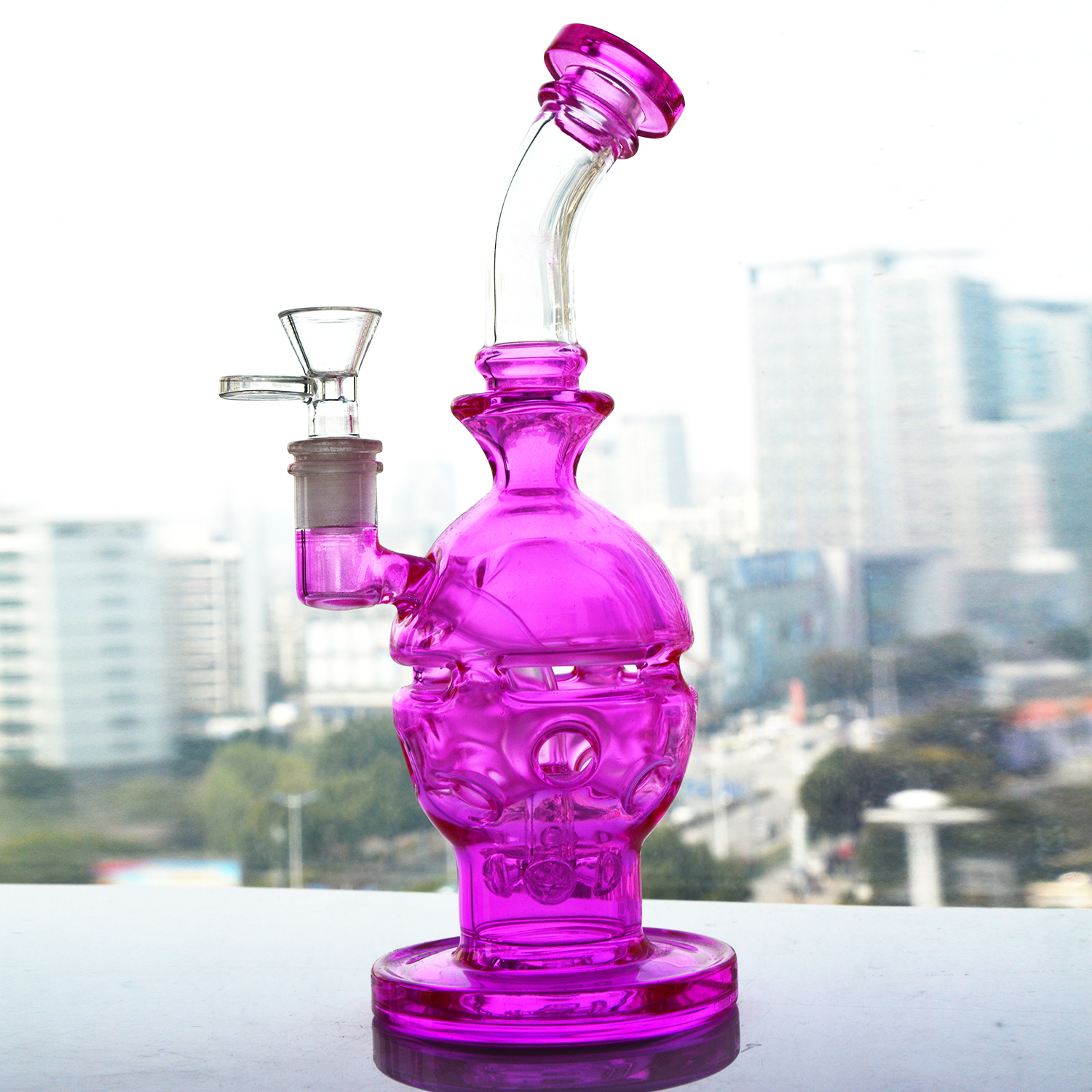 

Real Picture Pink Ball Handmade Hookah Thickness Base Glass Bongs Arm Tree Water Pipe 14mm Joint Vapor Hookah