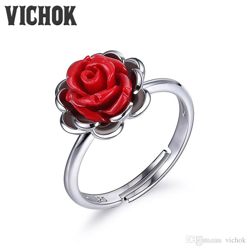 

925 Sterling Silver Ring Red Rose Vintage Ring Platinum Color For Women Fine Jewelry Statement Rings Minimalism Style VICHOK