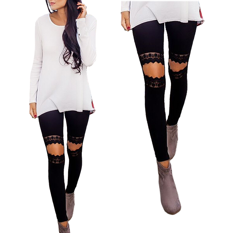 

Cute High Waisted Black Leggings Yoga Pants Women Girls Elasticity Knee Leaking Lace Stitching Trousers Leggings Streetwear RF0869