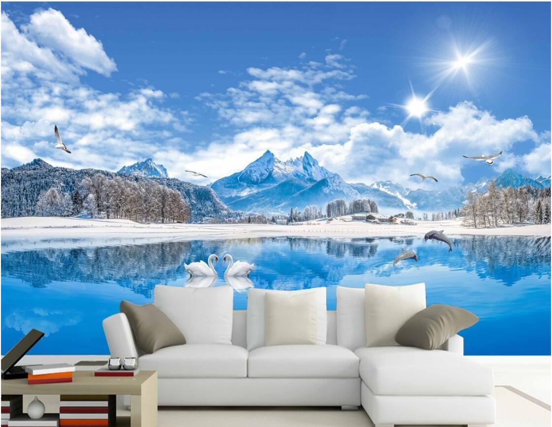 

3d wallpaper custom photo mural HD Lake View Swan Lake Beautiful Landscape Painting Snow Mountain Living Room murals wallpaper for walls 3 d, Picture shows