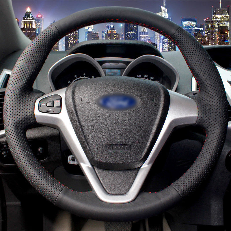 DIY For Ford Fiesta 2008-2013 Black Leather Hand-stitched Car Steering Wheel Cover-image-413366012