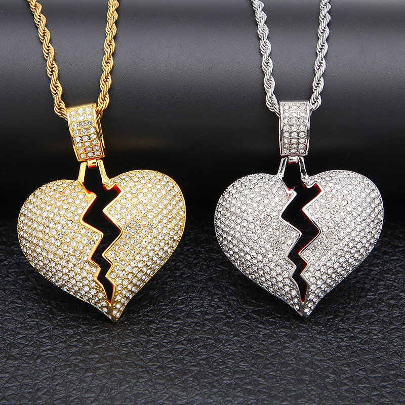 

Iced out Broken Love Heart Pendant Necklaces Men's Bling Crystal rhinestone Love charm Gold Silver Twisted chain For women Hip hop Jewelry