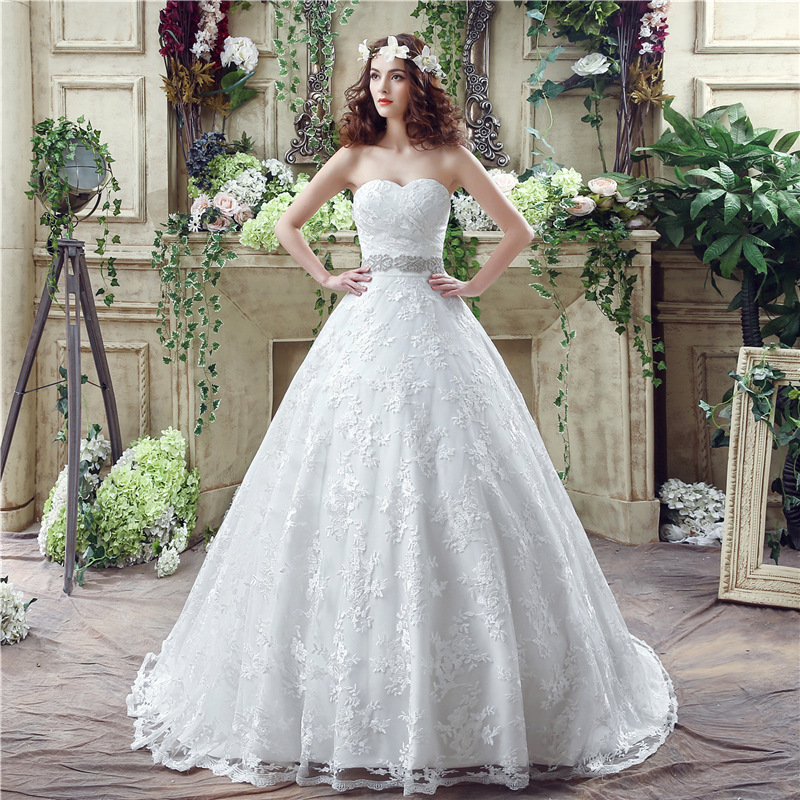 

Floral Lace Ball Gown Wedding Dresses New Arrival Sparkling Sash Sweep Train Plus Size Wedding Dresses 2018 New Arrival, Champagne