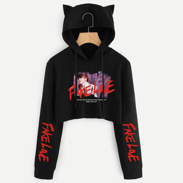 

Blackday Kawaii Love Yourself Crop Tops Hoodies Tear Fake Love Kpop Long Sleeve Hoodies Sweatshirt Women Kawaii Cat Hooded Pullover, Black