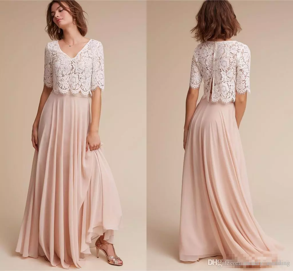 

2018 Vintage Two Pieces Lace Top Boho Bridesmaid Dresses Chiffon Ruched Blush Pink Maid of honor Gowns Long Party Dresses Custom Made